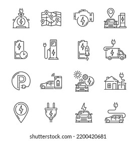 Electric car charge outline icons, vehicle station battery plug, vector eco auto charger signs. Electric cars and hybrid energy automobile charging point, green fuel and EV power cable line pictograms svg
