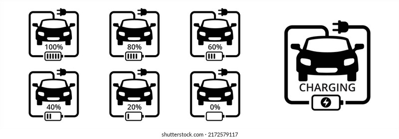 Electric car charge percentage icon set. Electric car with charging power cord cable. Battery left indicator vector stock illustration. Car in front view silhouette.