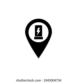 Electric Car Charge Station Map Pin. Flat Vector Icon. Simple black symbol on white background