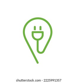 Electric car charge station map pin. EV charger pointer line icon.