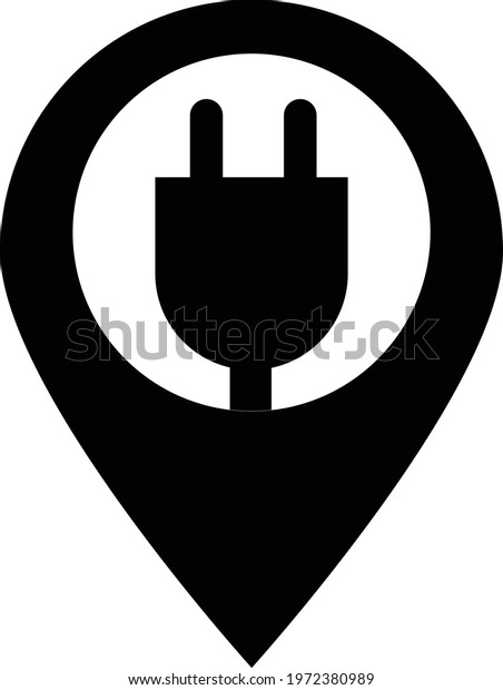 electric car charge station map pin icon on white\
background. electric plug and map pointer sign. charging station\
symbol. flat style. 
