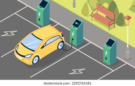 Electric car charge. Yellow transport at gas station. Caring for environment and reducing emission of harmful substances into atmosphere. Ev charging station. Cartoon flat vector illustration