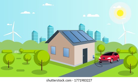 An electric car is charged by solar energy. Solar panels on the roof of the house. Car in the parking lot at home. Ecological smart city of the future with renewable energy. Vector