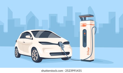 Cargador de coche eléctrico. Ev en el estacionamiento de la estación de Recargo, vehículo híbrido que carga la energía del combustible tecnología futura eco auto recarga ecología repostaje eléctrico, obra de arte original de la Ilustración vectorial limpia