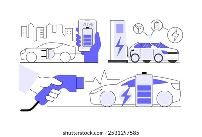 Electric car charger. Flat Line with Editable Stroke set. Vector illustration.