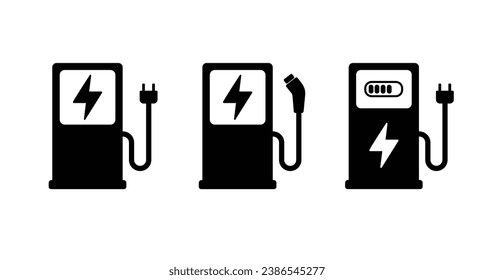 Icono del cargador eléctrico del coche. Estación De Carga Para Vehículos Eléctricos. Bomba De Combustible Eléctrico Para Señales De Autos Híbridos. Cargador Con Tapón Para El Pictograma Automático De Alimentación Eléctrica. Estación De Carga De Energía Verde