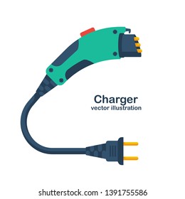 Electric car charger isolated on white background. Eco fuel. Vector illustration flat design. Electric refueling. Concept of reducing emissions of gases. Connector for charging. Plug and socket.