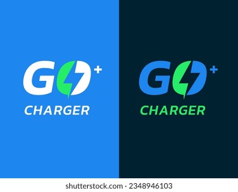 Electric Car Charger Logo for EV Electric Vehicle Chargers. Letter "GO CHARGER PLUS" logo for technology vector illustration concept. Green Energy, Ecology element design.