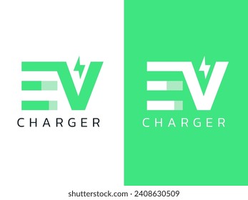 Electric Car Charger Logo for EV Electric Vehicle recharging energy logo vector design concept. Letter EV logotype green color symbol for Electric Car, EV station, Electric Vehicle industry, ui, web.