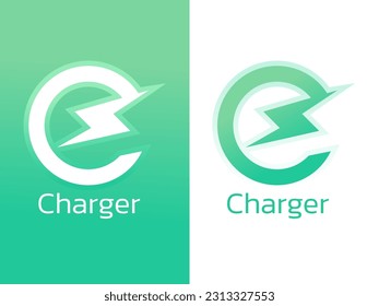 Icono del logotipo del cargador eléctrico del coche para el concepto de vehículo eléctrico EV. Diseño de elementos Green Energy. El concepto de vehículo ecológico. Logo de la letra E para ilustración vectorial de tecnología.