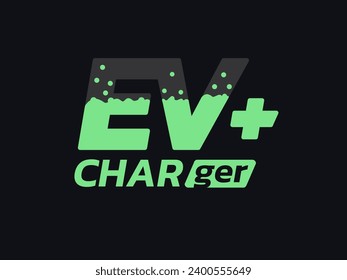 Concepto de diseño de vectores de energía renovable con logotipo de cargador eléctrico para automóviles. Diseño del logotipo de energía verde. Estación de complemento EV. Vehículo eléctrico que cambia de color verde neón de la batería en la ilustración de fondo de color en modo oscuro.