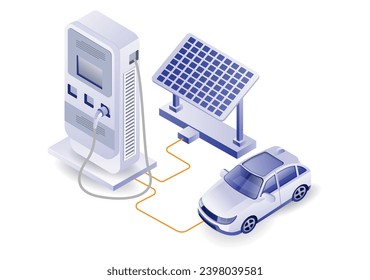 Electric car charger with solar panel energy technology concept illustration