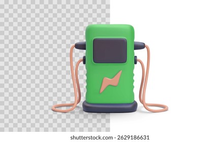 Electric Car Charger Station in Bright 3D Cartoon Style on Transparent and White Background. Ideal for Eco, EV, and Renewable Energy Projects. Vector Illustration.