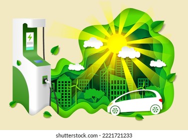 Vector de estación de cargador eléctrico de coche. Energía verde y tecnología híbrida, combustible ecológico y concepto de conservación del medio ambiente. Escena urbana, ev automóvil y batería de electricidad Id ilustración de corte de papel 3d