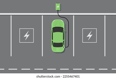 Electric car charger top view. Battery hybrid car parking recharge vector icon