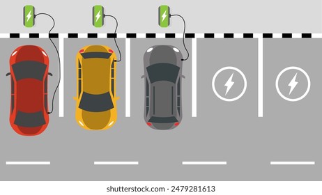Electric car charger top view. Battery hybrid car parking recharge 
