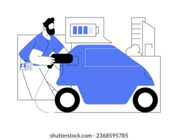 Electric car chargers isolated cartoon vector illustrations. Smiling man charging electric car near smart office, modern business center, eco-friendly transportation vector cartoon.