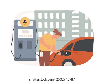 Cargadores de coche eléctrico Ilustraciones vectoriales de dibujos animados aislados. Hombre sonriente que carga el coche eléctrico cerca de la oficina elegante, centro de negocios moderno, historieta respetuosa del medio ambiente del Vector del transporte.