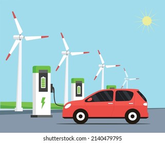 The electric car charges the battery from windmills. Vector illustration in a flat style.