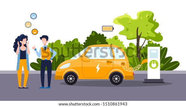 An electric car charges from an electric\
vehicle charging station. People talk to each other. Positive and\
smile. Concept of preserving the green environment, ecology,\
future. Vector flat\
illustration