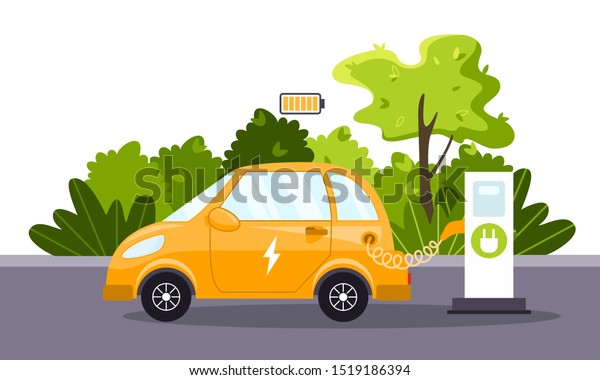 An electric car charges from an electric\
vehicle charging station. Full charged battery. Concept of\
preserving the green environment and the ecology. Caring for the\
future. Vector flat\
illustration.
