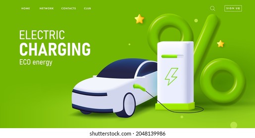 Electric car charging, 3d illustration of charging equipment and auto with green percent sign, advertising web banner