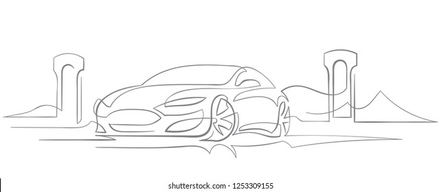 Electric Car Charging Abstract Line Illustration. Vector.