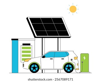 Electric car charging at alternative energy charging station near solar panels as source of electrical energy, green energy vector illustration.