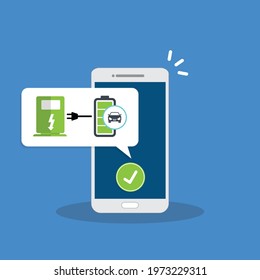 Electric car charging application on a mobile phone, vector illustration.