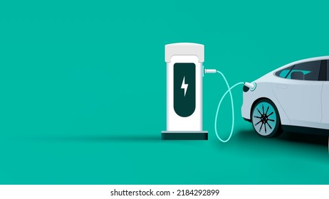 Electric car charging background. Electronic vehicle power dock. EV Plugin station. Fuel recharge cells. Green color vector illustration. - Shutterstock ID 2184292899