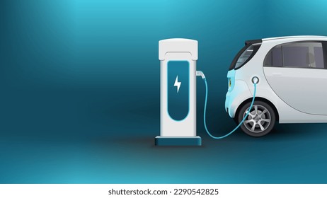 Electric car charging background. Electronic vehicle power dock. Hatchback EV Plugin station. Fuel recharge cells. Neon blue colour vector illustration.