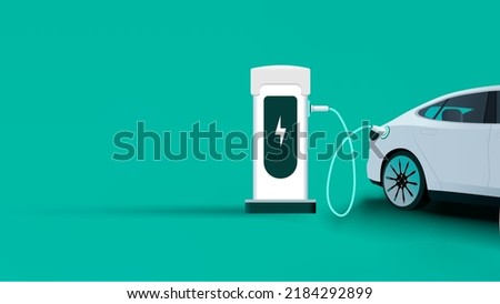 Electric car charging background. Electronic vehicle power dock. EV Plugin station. Fuel recharge cells. Green color vector illustration. Foto stock © 