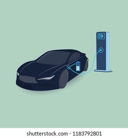 Electric car are charging battery at automatic charging stations., vector illustration EPS10.