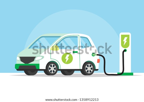 Electric car charging its\
battery, concept illustration for green environment, ecology,\
sustainability, clean air, future. Vector illustration in flat\
style. 