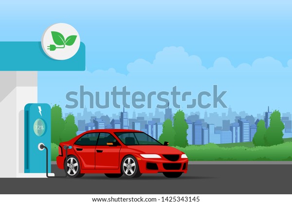 Electric car charging battery at the electric\
energy station on the cityscape with natural concept of green\
environment care. Ecology, sustainability, clean air concept for\
the future of our\
earth.