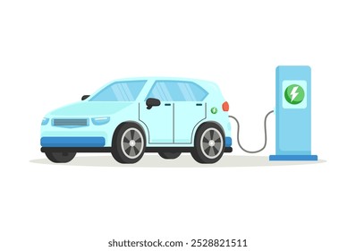 Electric car charging its battery. Isolated vector illustration in flat style. Concept illustration for green environment, ecology, sustainability, clean air, future.