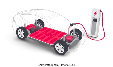 Electric car charging battery modular platform board scheme charger station. Electric skateboard module chassis components battery pack, motor powertrain, controller. Isolated vector illustration.