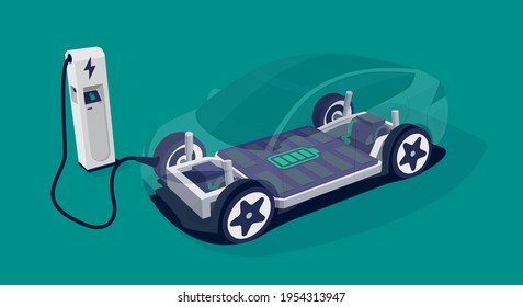 Electric car charging battery modular platform board scheme charger station. Electric skateboard module chassis components battery pack, motor powertrain, controller. Isolated vector illustration.