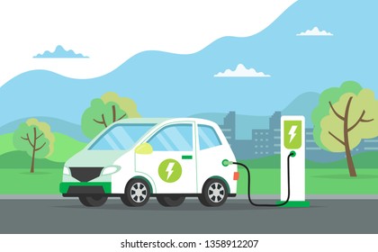 Electric car charging its battery with natural landscape, concept illustration for green environment, ecology, sustainability, clean air, future. Vector illustration in flat style. 