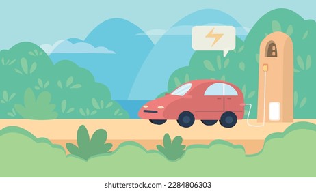 Vehículo eléctrico cargando su batería con el paisaje natural, ilustración conceptual para el medio ambiente verde, ecología, sostenibilidad, aire limpio, futuro. fondo de ilustración vectorial.