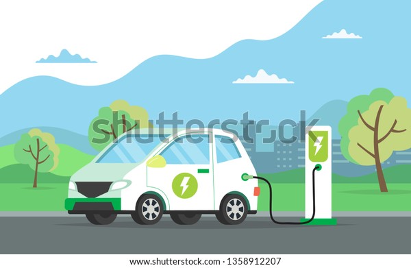 Electric\
car charging its battery with natural landscape, concept\
illustration for green environment, ecology, sustainability, clean\
air, future. Vector illustration in flat style.\
