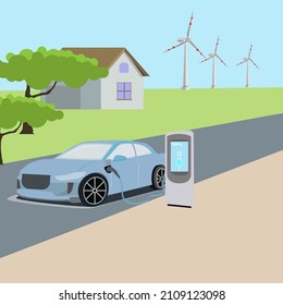 Electric car charging its battery on natural landscape, countryside, cityside,concept illustration for green environment, ecology, sustainability, clean air, future. Vector illustration in flat style.