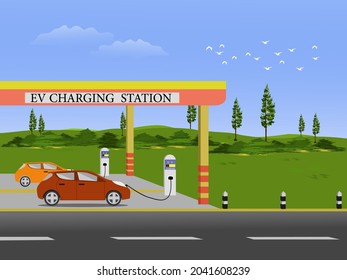 An electric car is charging a battery at an electric charging station with green fields and sky in the background.