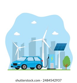 an electric car is charging its battery at the charging station, with a background of wind turbines and solar panels. Illustration of the concept of an environmentally friendly city
