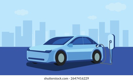 Electric car charging battery at a station, environmental friendly energy, vector illustration blue background