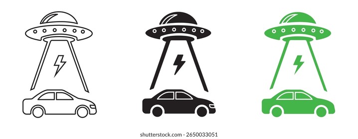 Carga de carro elétrico por OVNI, Conjunto de Ícones Conceito Futurista, Ícone de ponto de carregamento de carro png. Símbolo de plugue elétrico. Sinal de eletricidade. Ilustração do vetor de energia verde. Fios com ficha