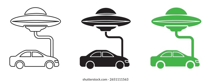Carga de carro elétrico por OVNI, Conjunto de Ícones Conceito Futurista, Ícone de ponto de carregamento de carro png. Símbolo de plugue elétrico. Sinal de eletricidade. Ilustração do vetor de energia verde. Fios com ficha