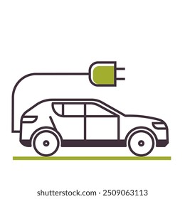 Cabo de carregamento do carro elétrico e plugue no fundo branco. Ícone do carro. Motor ecológico com emissões nulas. Ecologia, aquecimento global. Ilustração de vetor plano. Não gerada por IA