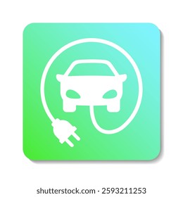 Electric car with charging cable and plug. White vector iocn on green gradient background.