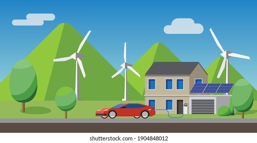Electric car charging at the charger at house, solar panels, wind turbines in background. Innovative technology and alternative energy concept.